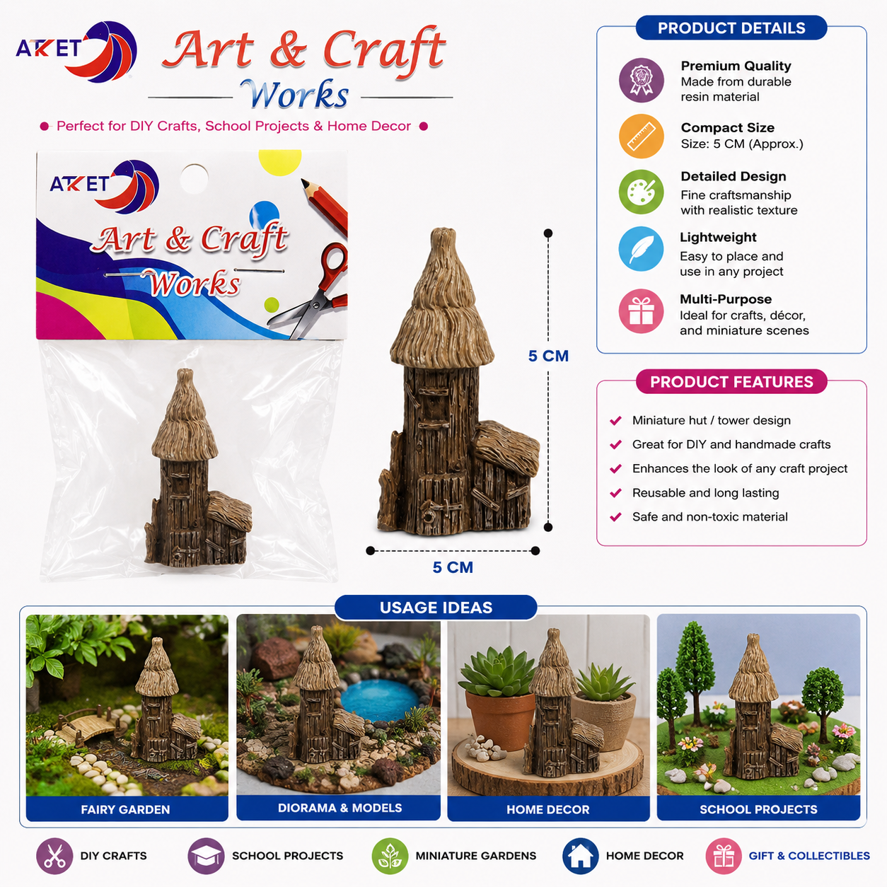 Mini Rustic Hut House Model 5cm for Fairy Garden Crafts