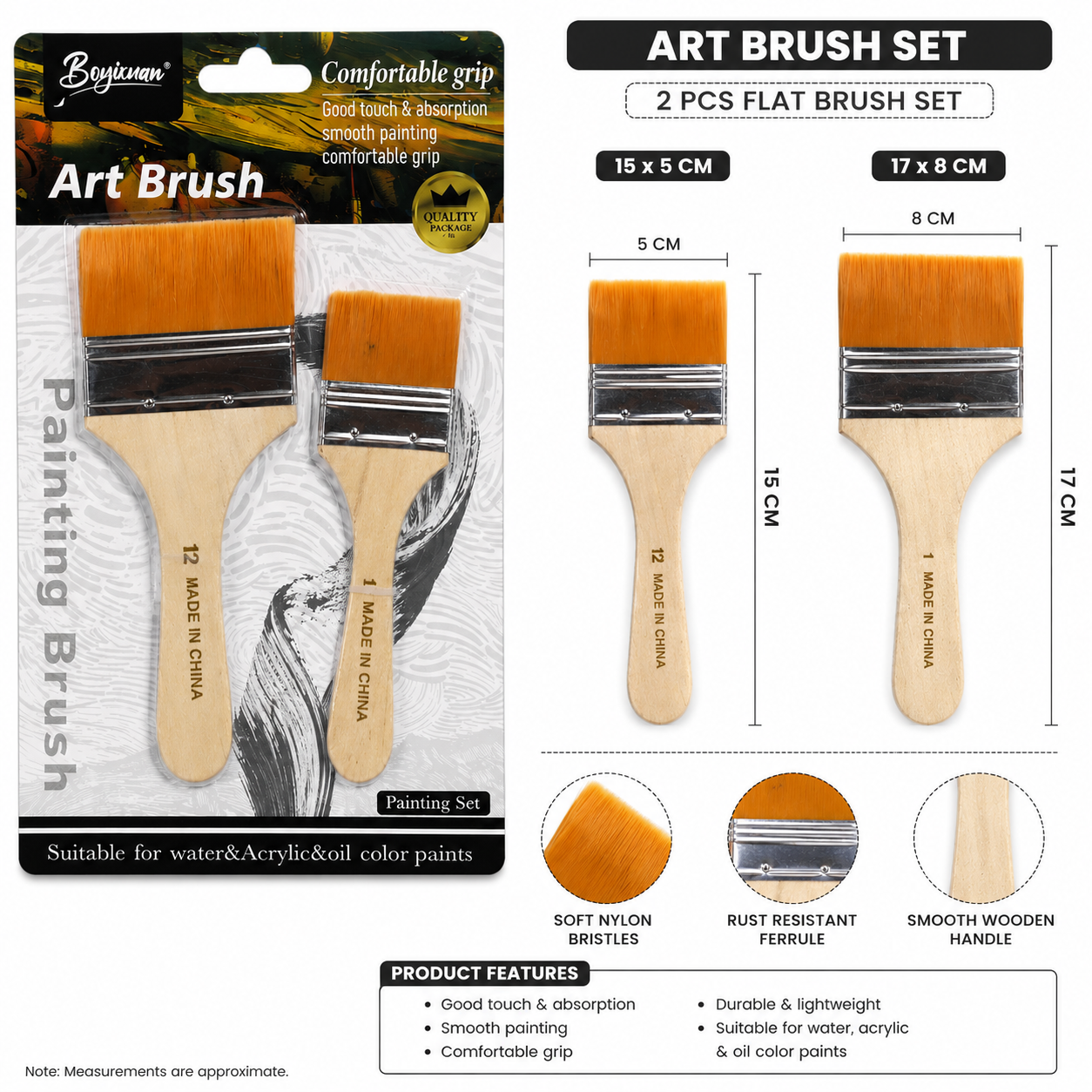 Flat Art Brush Set 2 Pieces for Acrylic Watercolor and Oil Painting