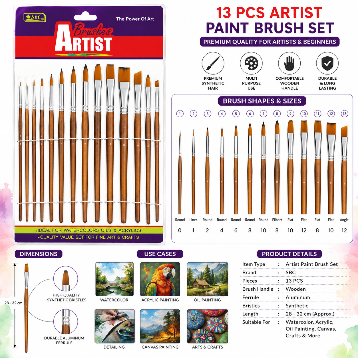 SBC Artist Paint Brush Set 13 Pieces for Acrylic Oil Watercolor Painting