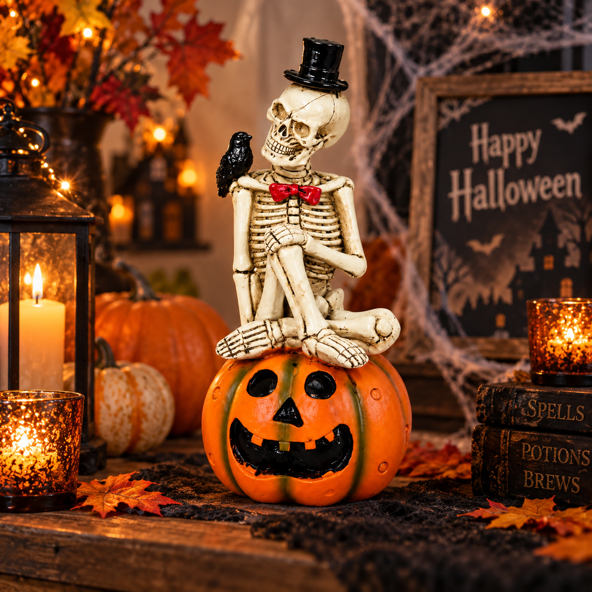 30CM Skeleton on Pumpkin Halloween Tabletop Decoration with Crow