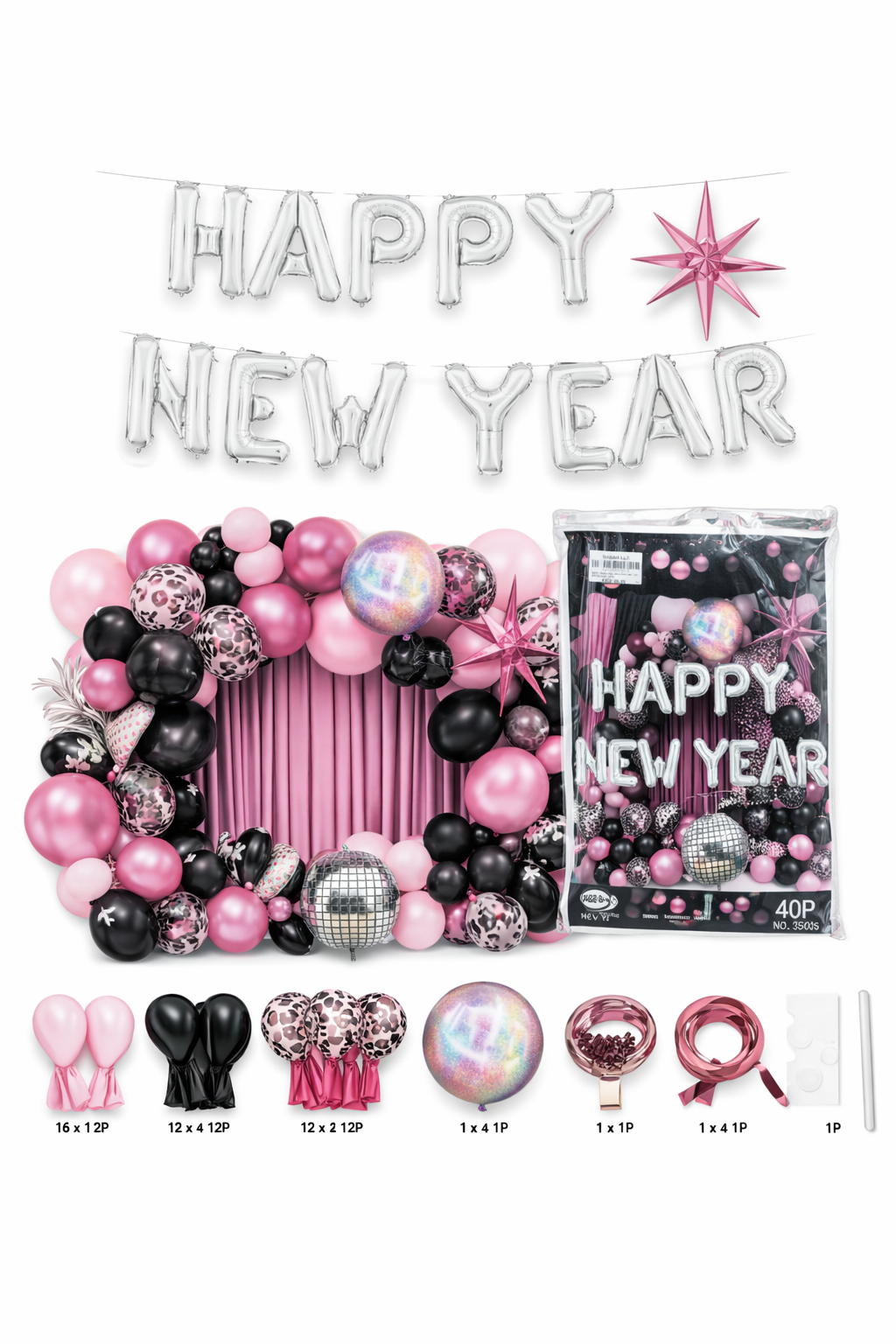 Happy New Year Balloon Decoration Kit Pink Black – 40 Pieces Party Set