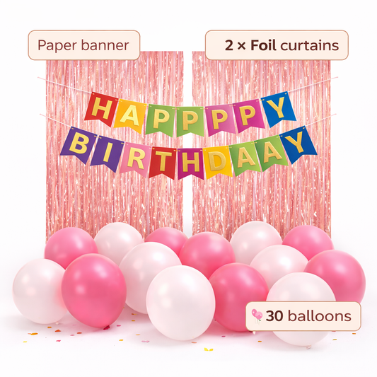 Happy Birthday Decoration Kit – Paper Banner, 2 Foil Curtains & 30 Balloons