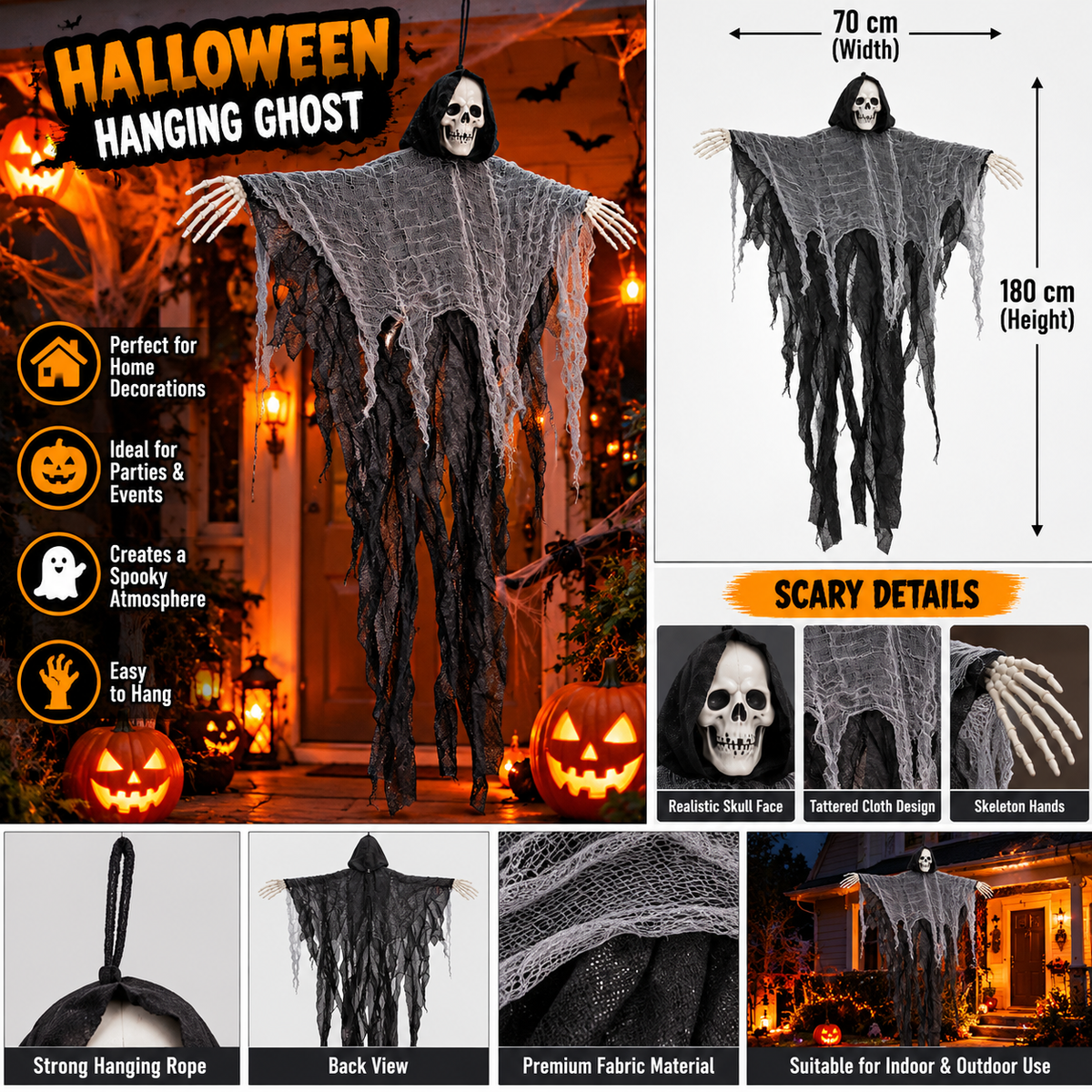 Large Halloween Hanging Grim Reaper Skeleton Ghost – 180 × 70 cm