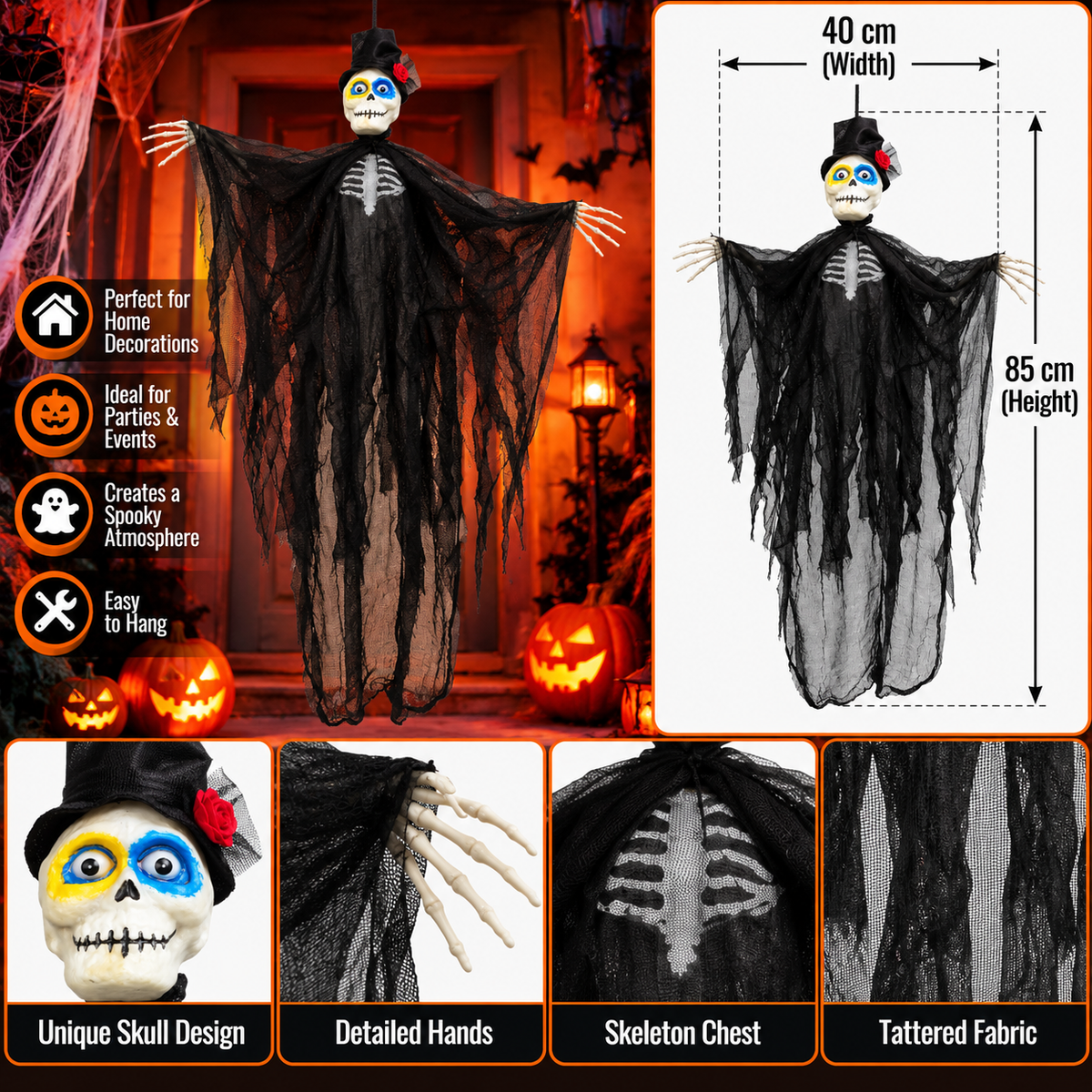 Halloween Hanging Skeleton Ghost with Black Hat β 85 cm