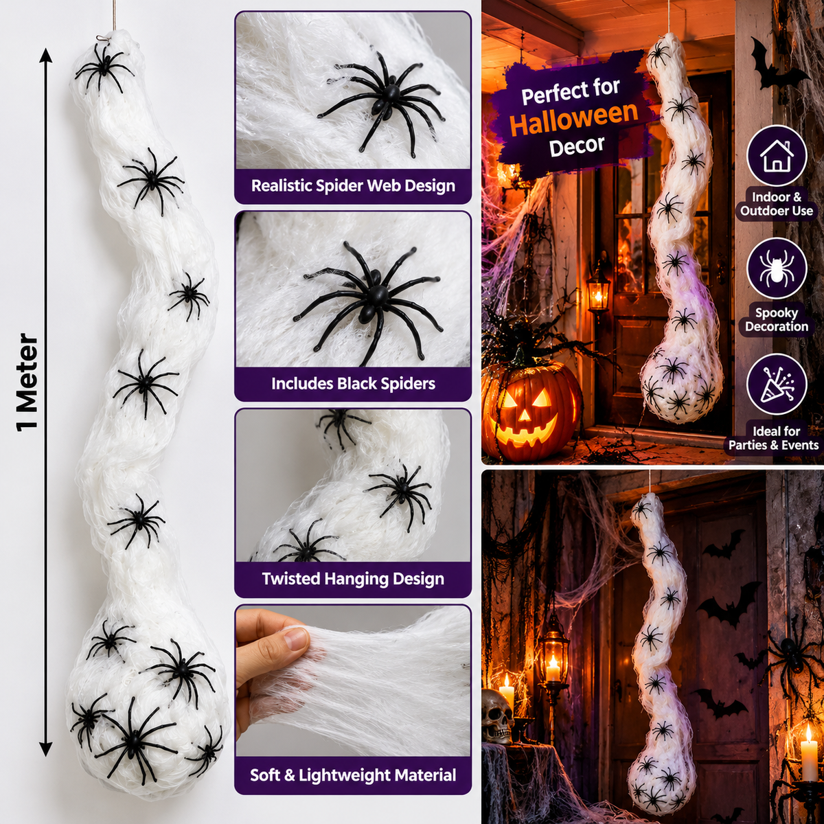 Halloween Hanging Spider Web with Black Spiders, 1M