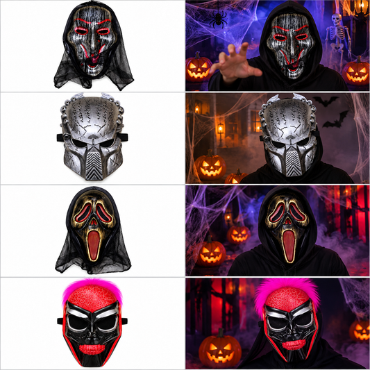 Gold Black Ghost Face Halloween Mask with Mesh Hood