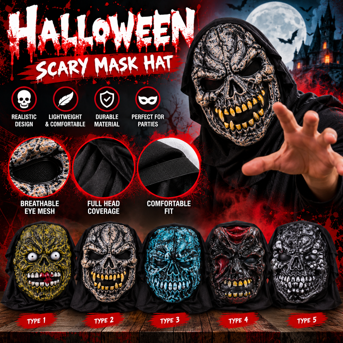 Product Title Horned Demon Halloween Scary Mask Hat with Hood