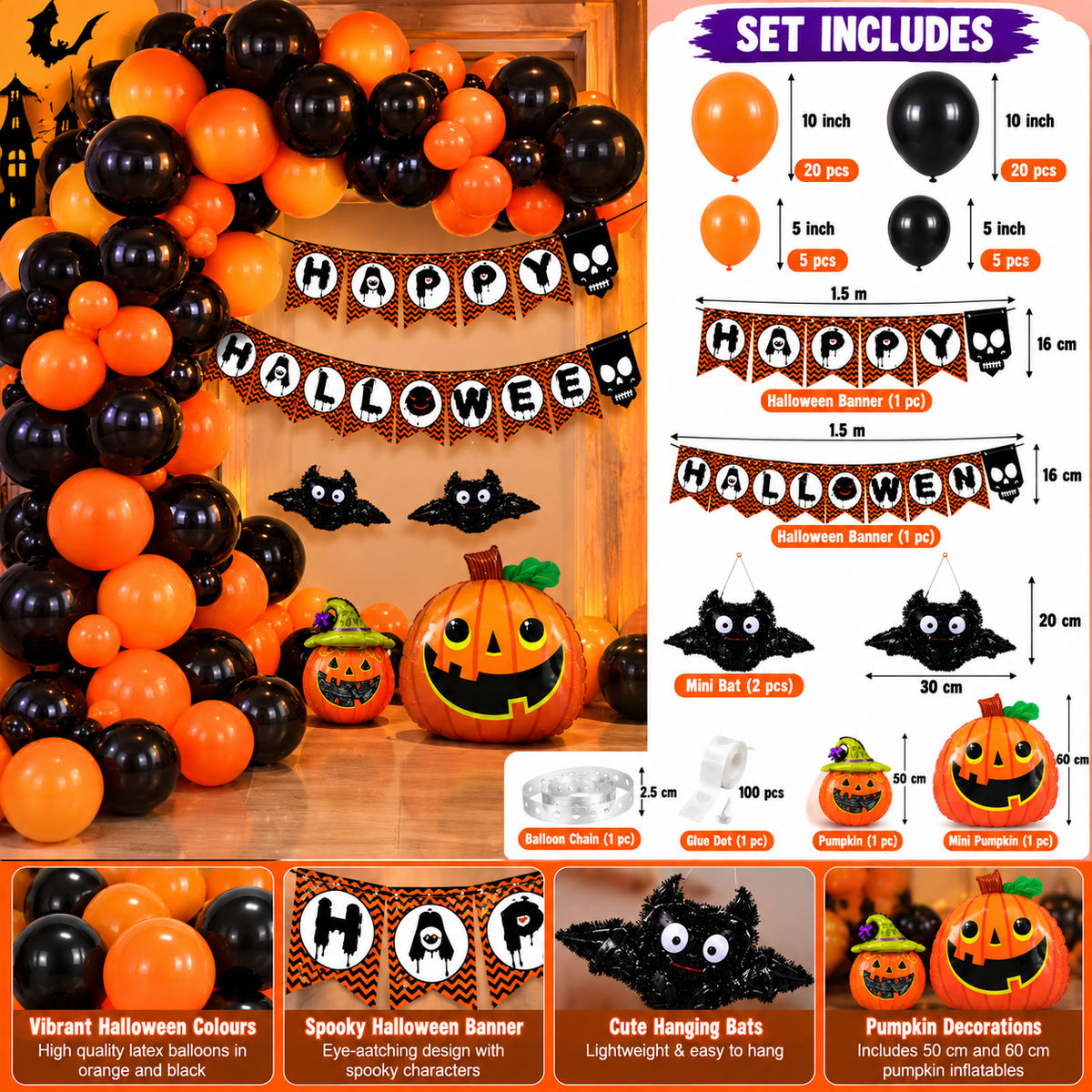 Halloween Balloon Garland Arch Decoration Kit – 50 Balloons with Pumpkin, Bats & Happy Halloween Banner