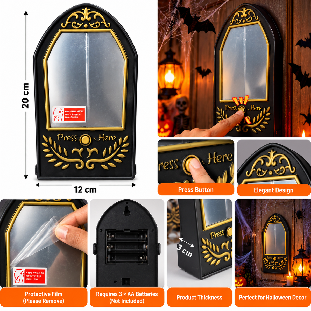 Halloween Interactive Mirror Decoration, Press Button Spooky Wall Plaque, Battery Operated, 20CM