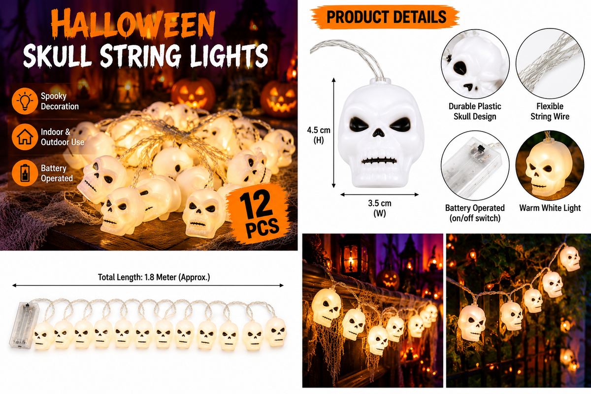 Halloween Skull String Lights – 12PCS Battery Operated, 1.8M