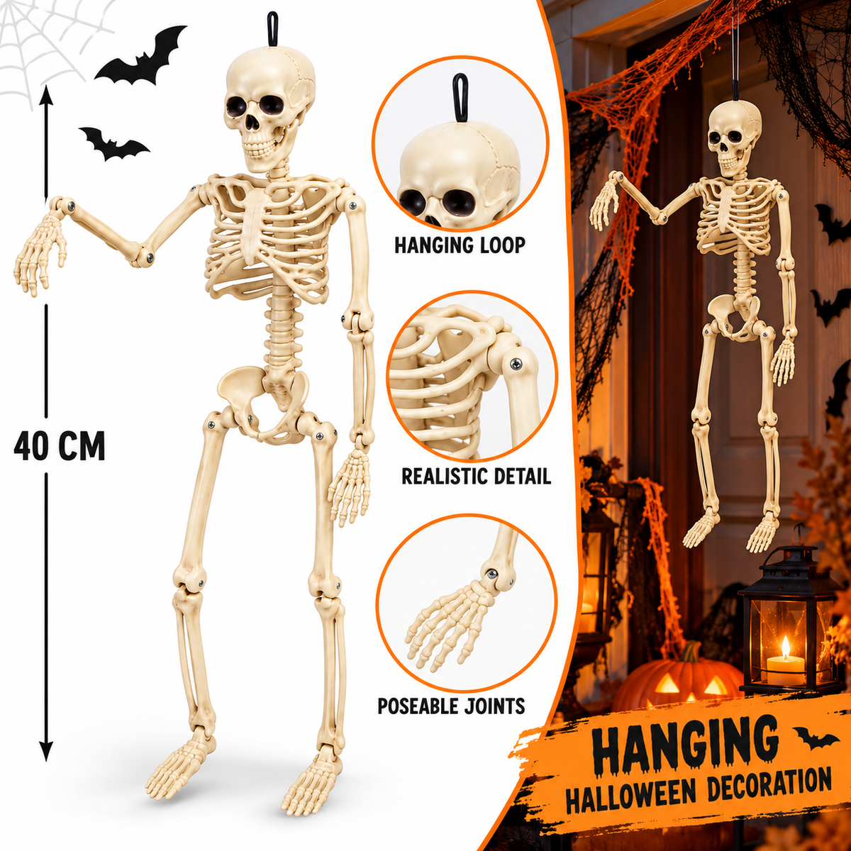 Halloween Hanging Skeleton Decoration, Poseable Plastic Skeleton Prop with Hanging Loop, 40CM