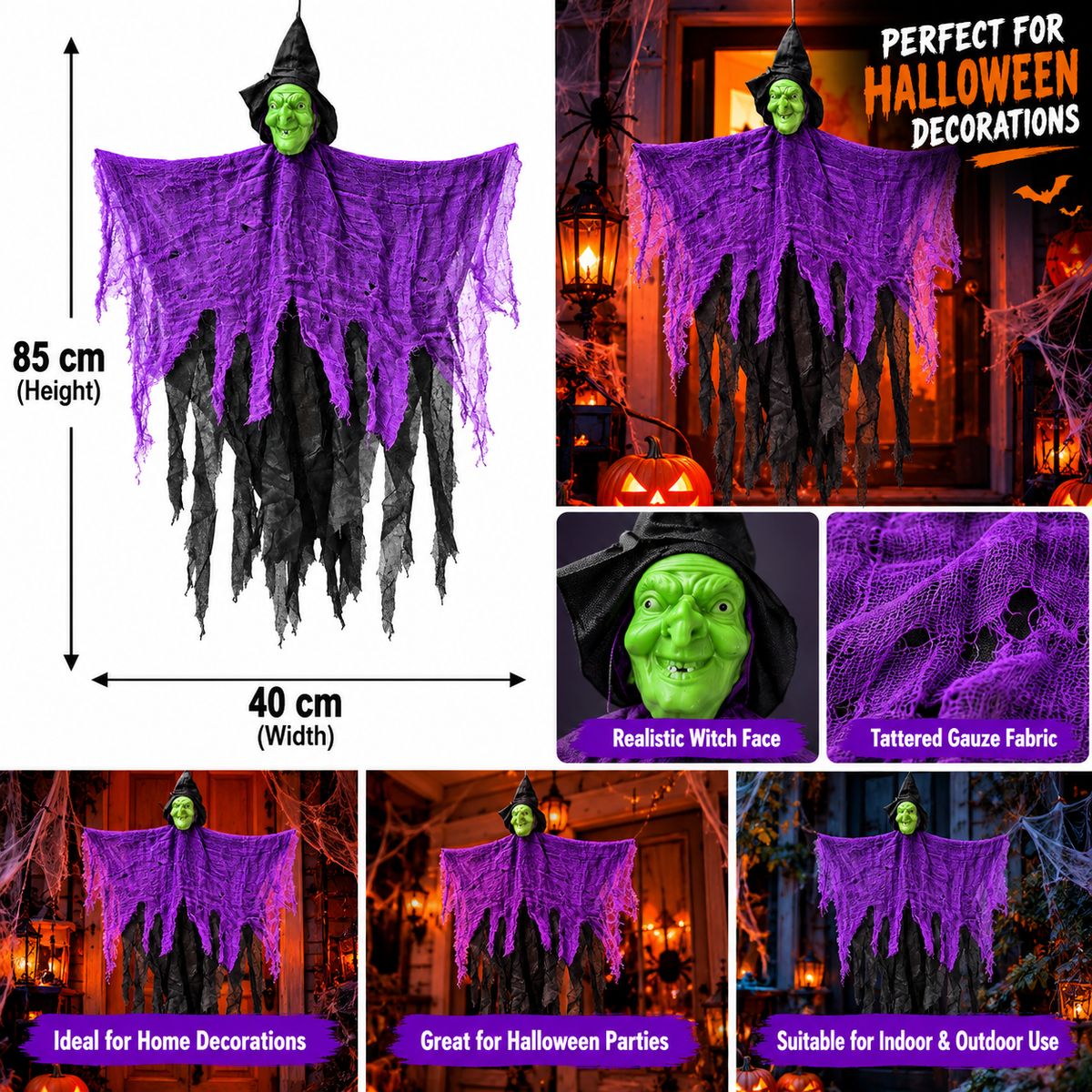 Scary Halloween Hanging Witch Decoration – Purple & Black, 85 × 40 cm