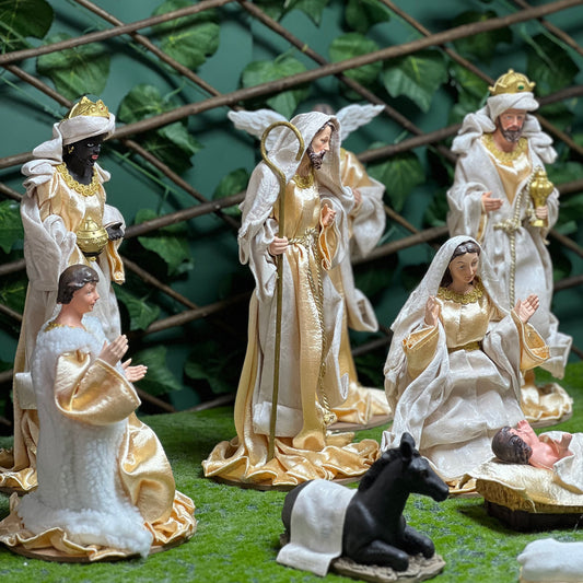 Gold Ivory Nativity Crib with Cloth Figurines 35cm