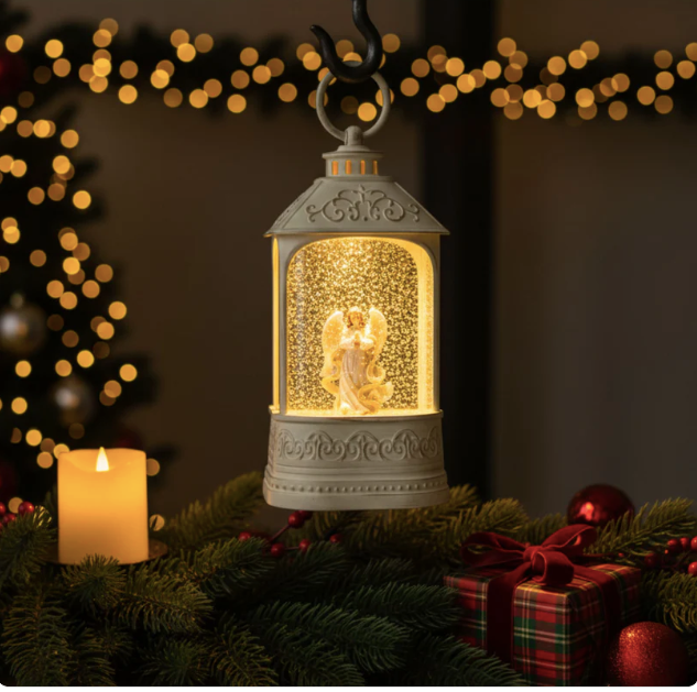 Musical White Plastic Lantern LED Snow Globe Peaceful Angel and Swirling Glitter