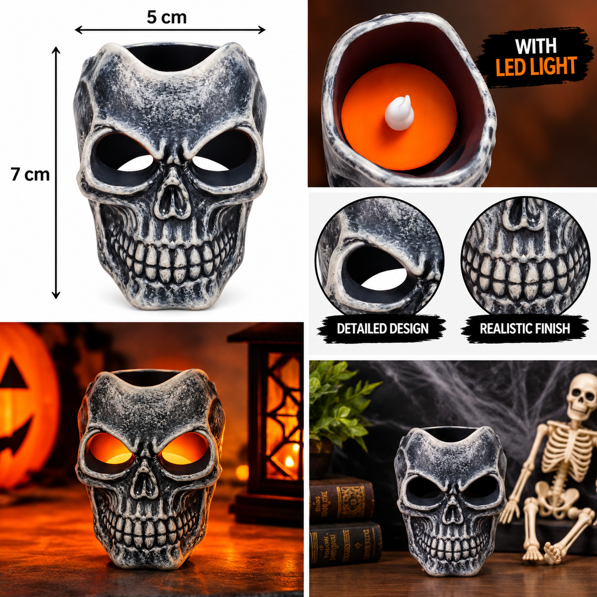 Halloween Skull LED Candle Light – Mini Scary Table Decoration, 7 cm