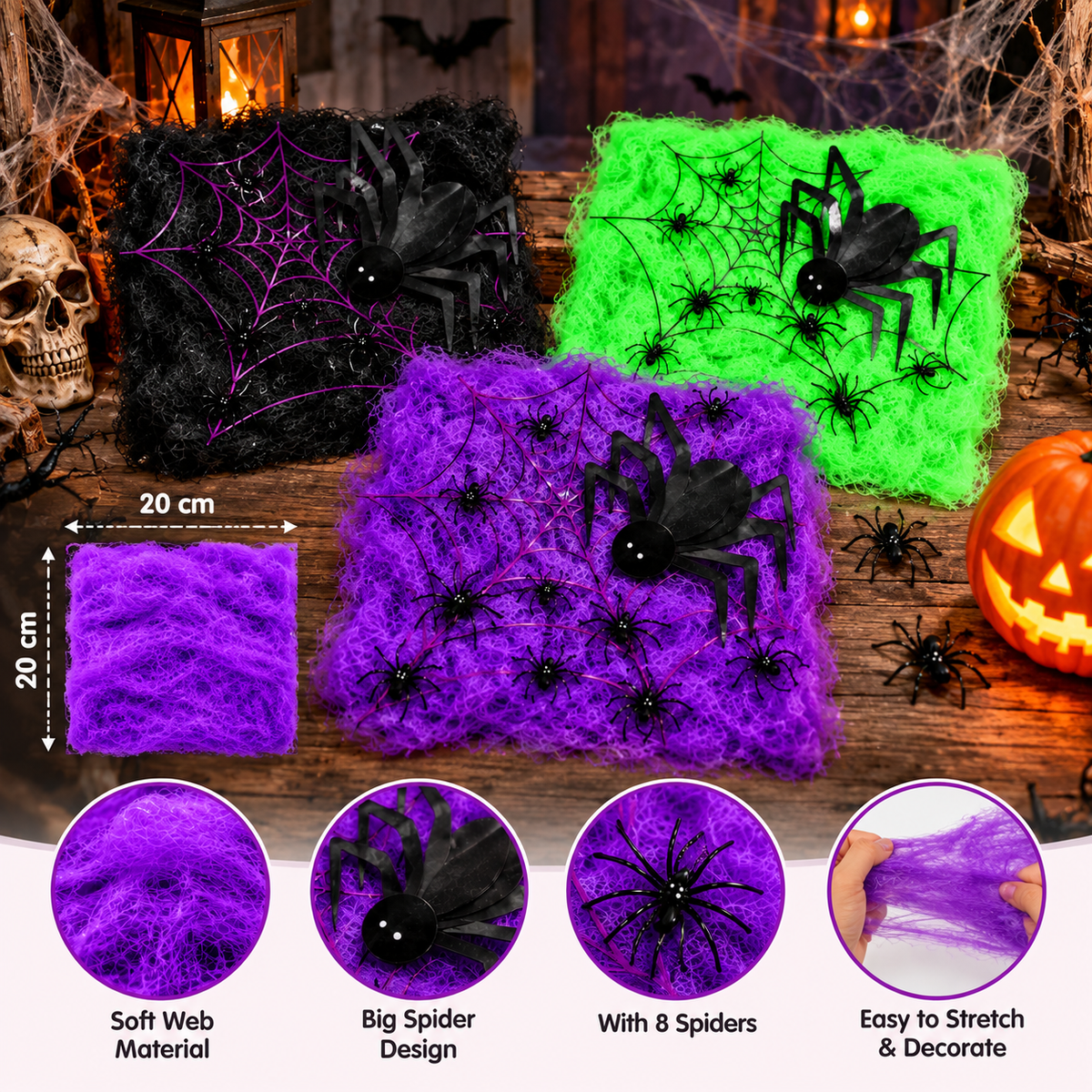 Halloween Stretchable Spider Web with 8 Spiders, 20 x 20CM