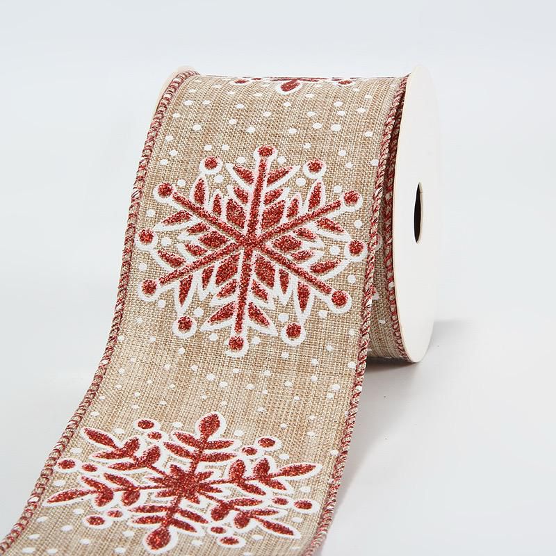 Red Glitter Snowflake Print Wired Edge Burlap Ribbon 45 Meters