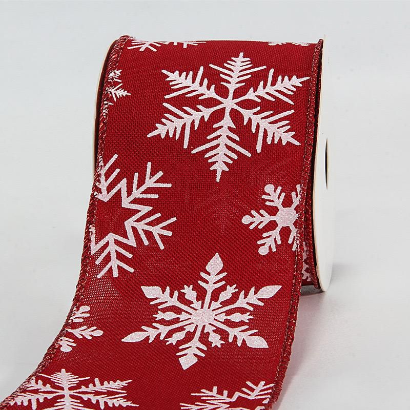 Red and White Snowflake Wired Fabric Ribbon 45 Meters