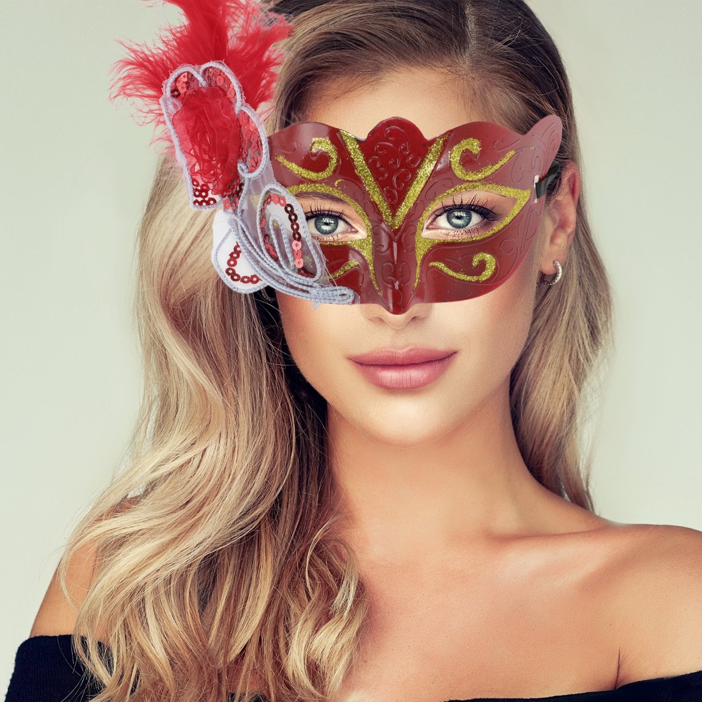 Red Feather Masquerade Eye Mask for Party Celebrations