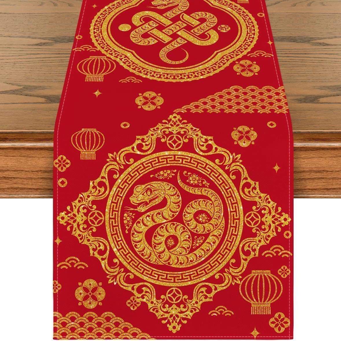 Chinese New Year Snake Table Runner 180x30cm Red Gold