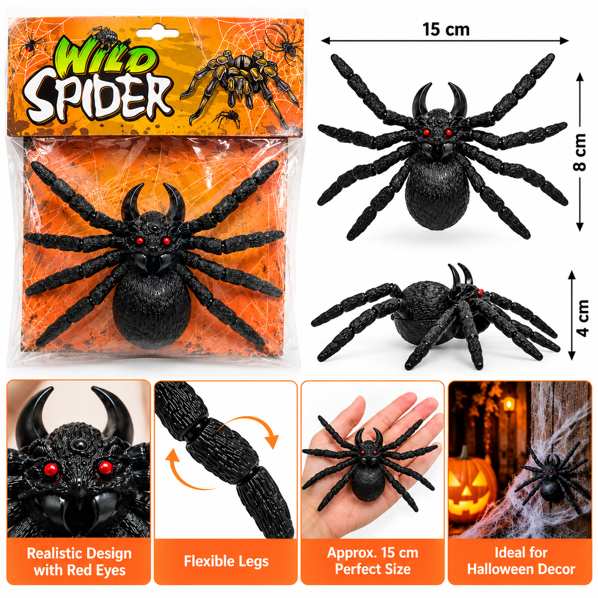 Halloween Black Spider Decoration with Red Eyes, 15CM