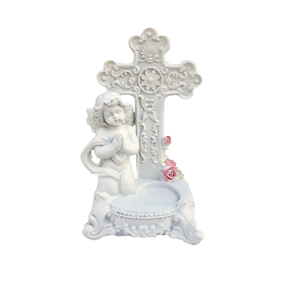 Decorative Angel Figurine with Small Flowers and Cross for Peaceful Display