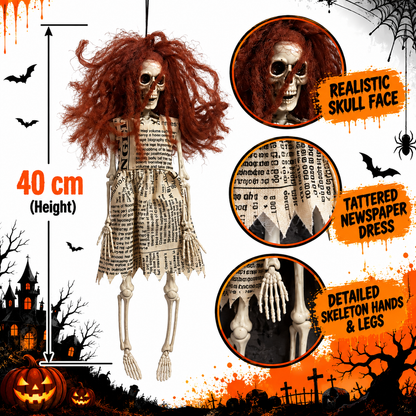 Halloween Hanging Skeleton Girl with Brown Hair – Creepy Ghost Doll Decoration, 40 cm