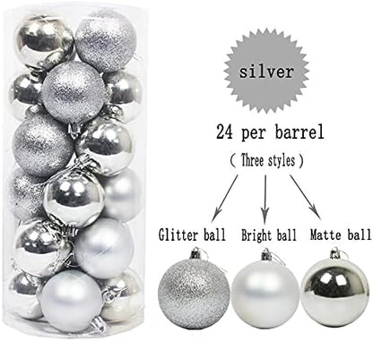 24 Silver Christmas Balls Ornaments in Glitter, Matte, and Bright Finish