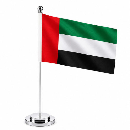 UAE Table Flag A4 with Silver Stand – National Day & Office Decor