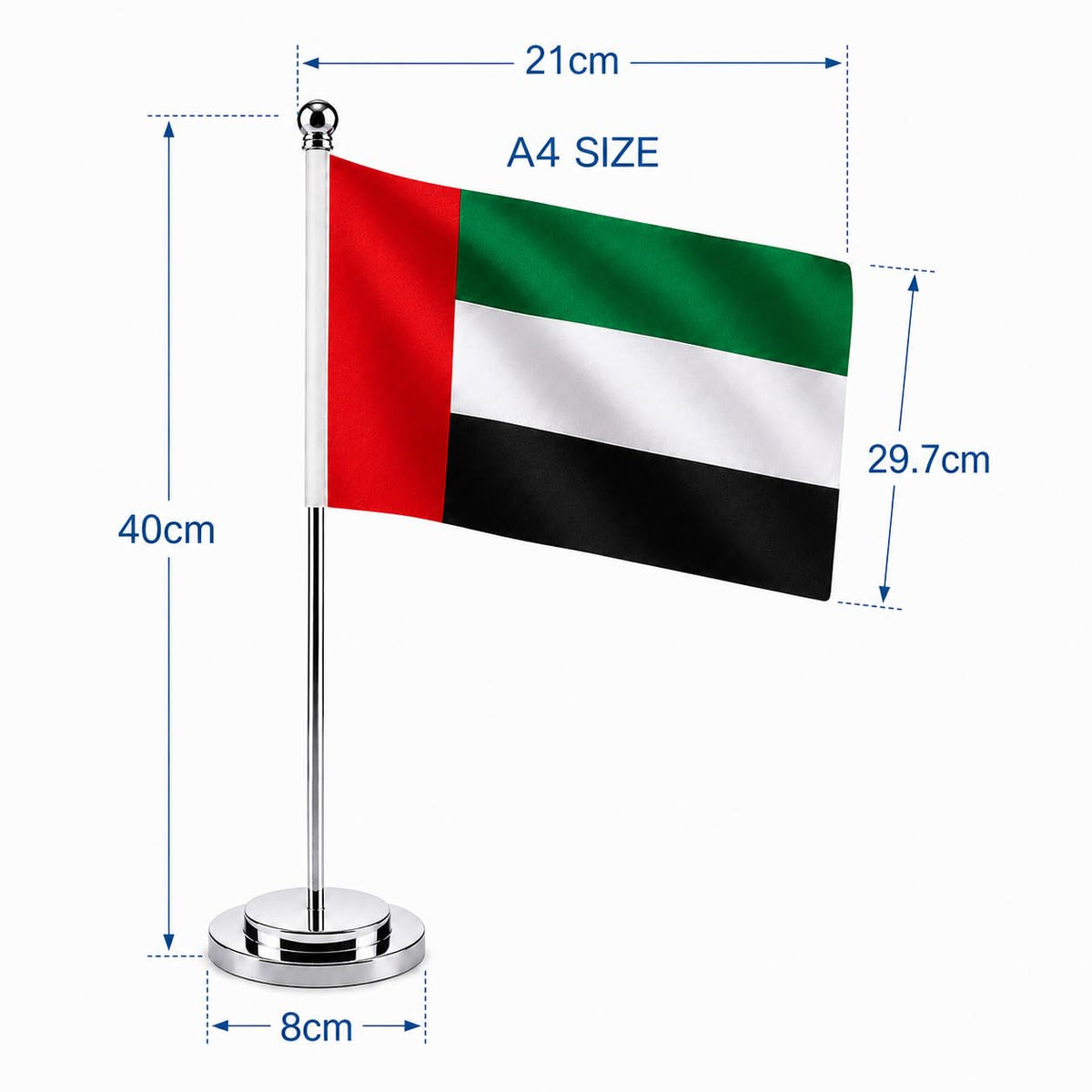 UAE Table Flag A4 with Silver Stand – National Day & Office Decor