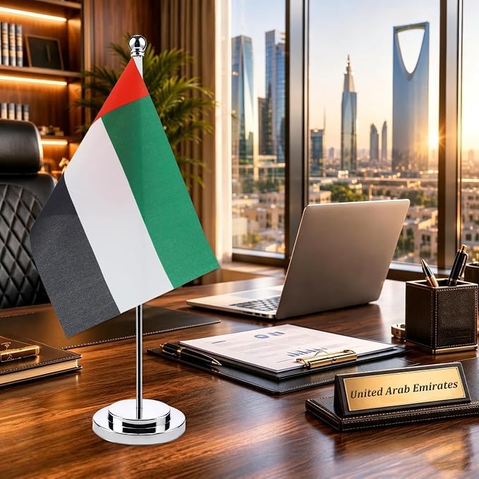UAE Table Flag A5 with Silver Stand – National Day & Office Decor