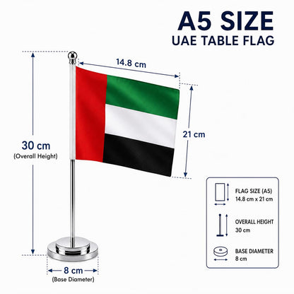UAE Table Flag A5 with Silver Stand – National Day & Office Decor