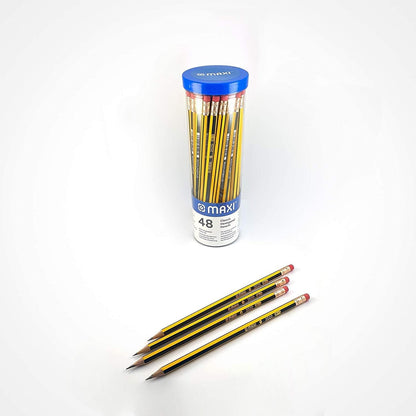 MAXI HB Pencils with Eraser Pack of 48 – Classic Hexagonal Writing Pencils
