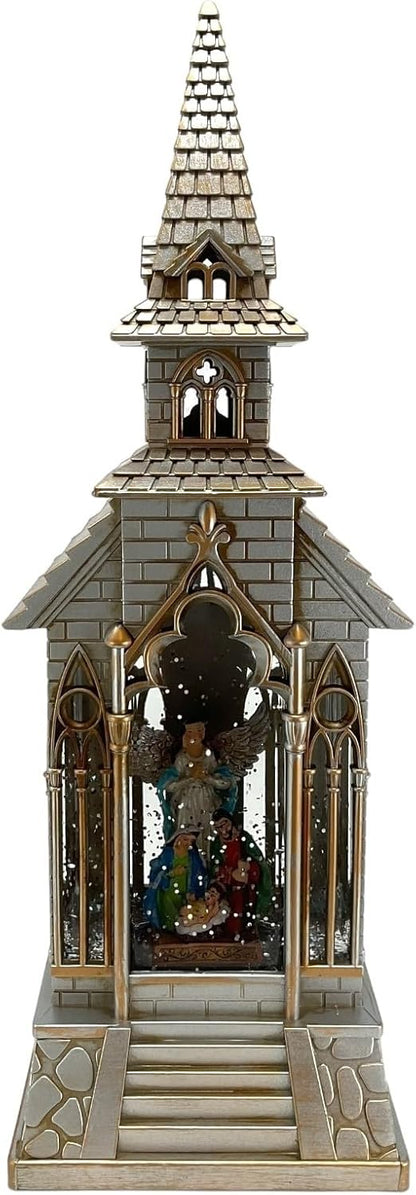Church with Nativity Scene, Battery Operated Lighted Spinning Water Globe.