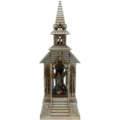 Church with Nativity Scene, Battery Operated Lighted Spinning Water Globe.