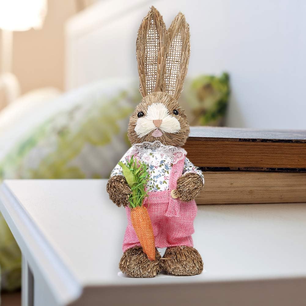 Straw Easter Bunny Decor with Carrot – 35cm Rustic Spring Home Decoration