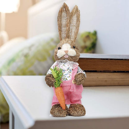 Straw Easter Bunny Decor with Carrot – 35cm Rustic Spring Home Decoration