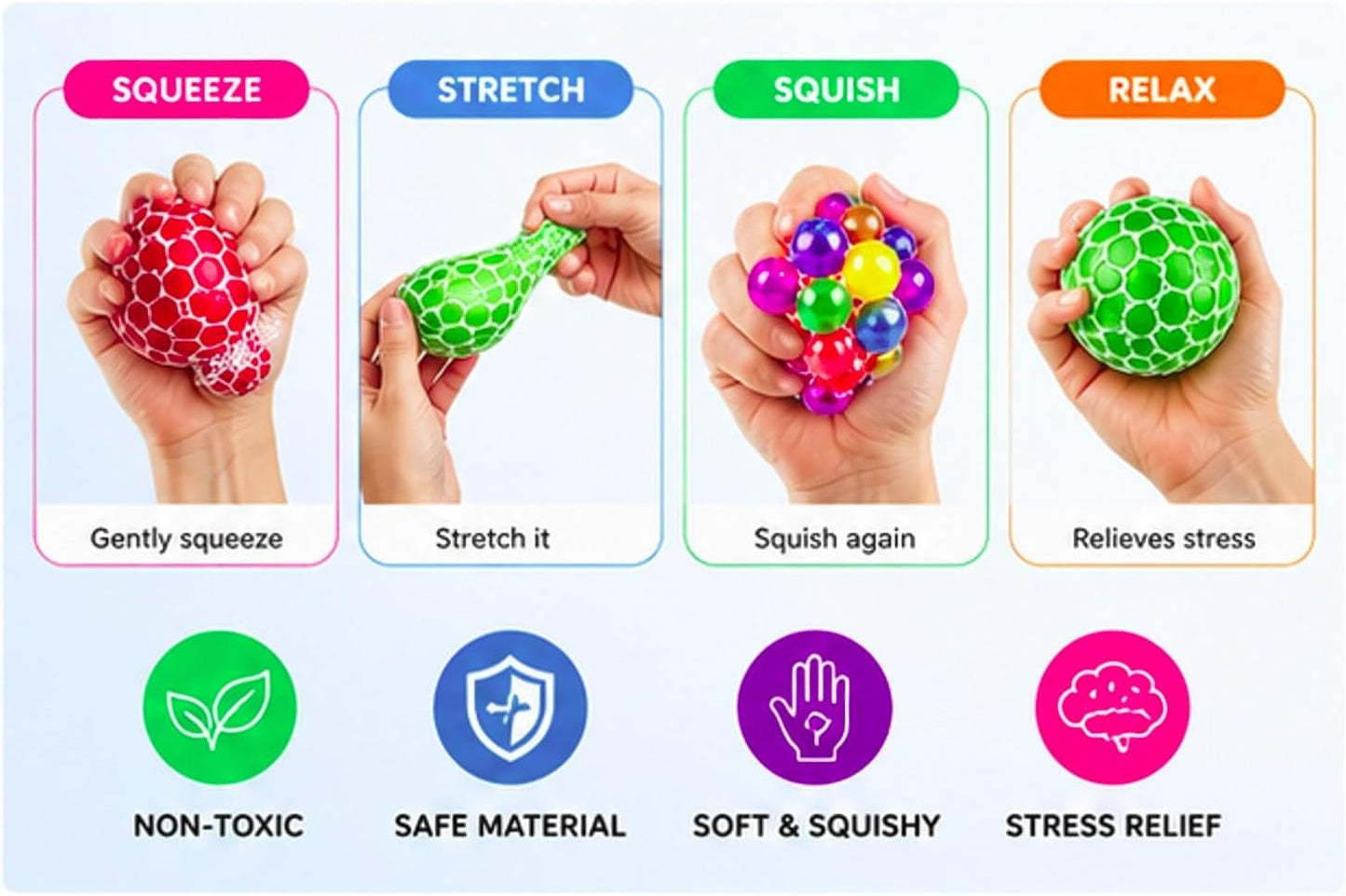 4 PCS Mesh Stress Balls Set – Colorful Squishy Fidget Sensory Toys for Kids & Adults (Random Colors)