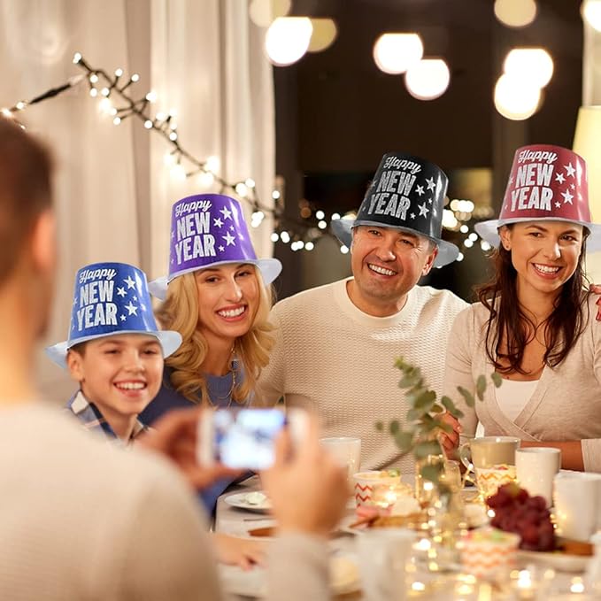 Happy New Year Top Hats – New Year’s Eve Party Hats with Silver Glitter Lettering, 8 PCS