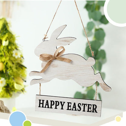 Happy Easter Wooden Bunny Hanging Sign – Rustic Wall & Door Decor