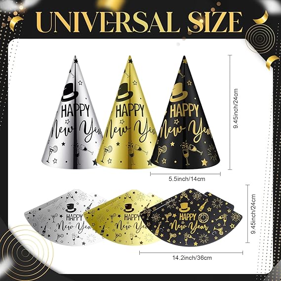 Happy New Year Cone Party Hats – Gold, Black, Silver (3 PCS)