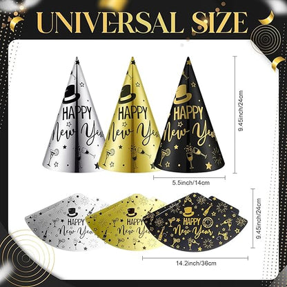 Happy New Year Cone Party Hats – Gold, Black, Silver (3 PCS)
