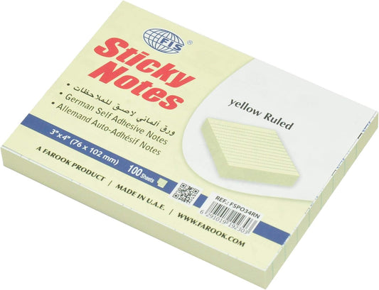 FIS Yellow Ruled Sticky Notes 3 x 4 Inch