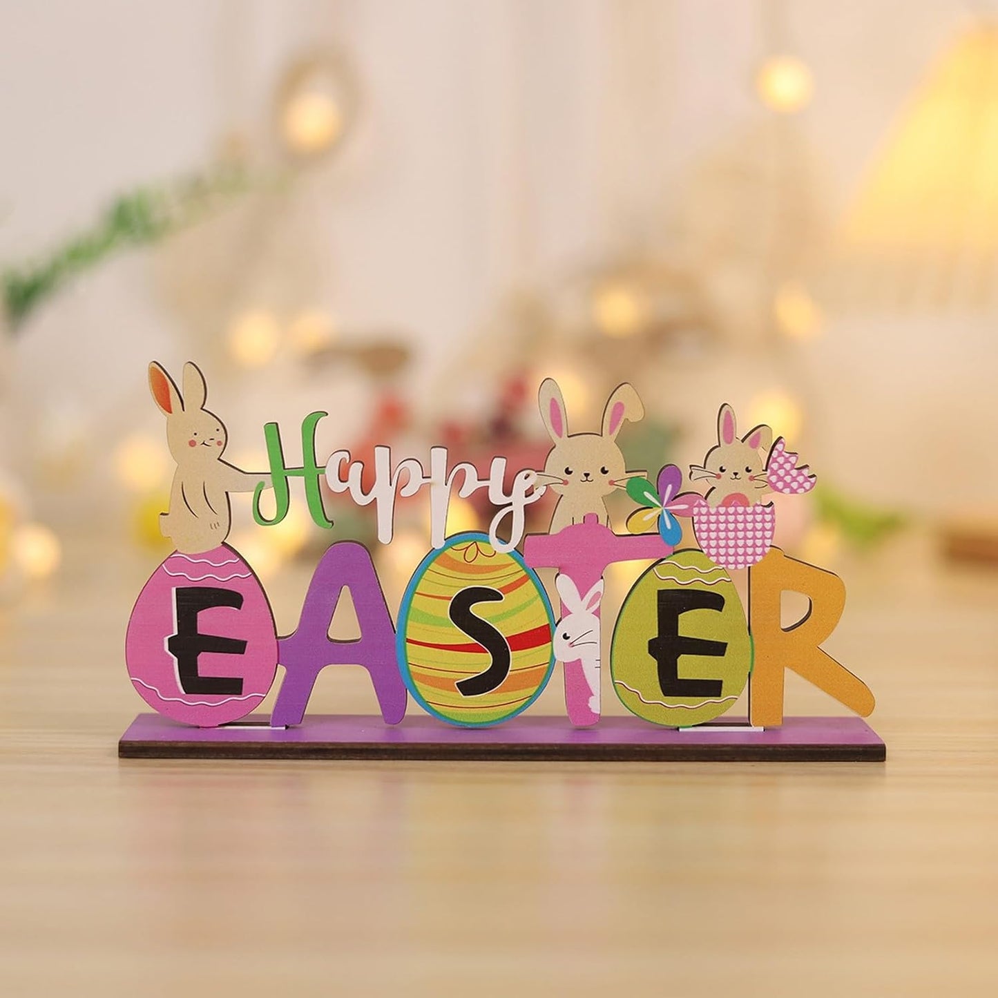 Happy Easter Wooden Table Sign – Bunny Egg Desktop Decor 20cm