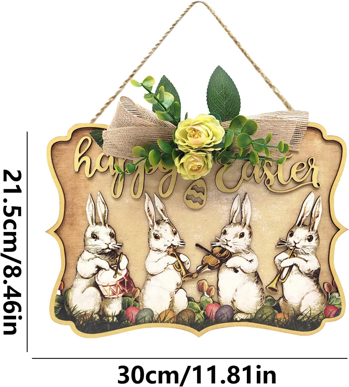 Happy Easter Wooden Hanging Sign – Bunny Door Decor with Floral Ribbon (30×21.5cm)