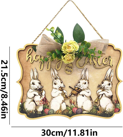 Happy Easter Wooden Hanging Sign – Bunny Door Decor with Floral Ribbon (30×21.5cm)