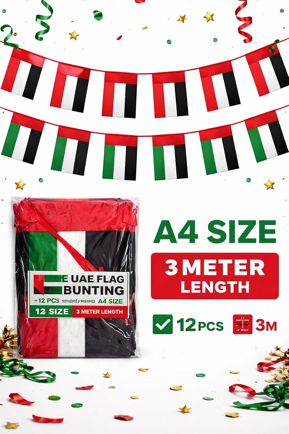 UAE Flag Bunting Banner A4 – 3 Meter, 12 Flags | National Day Decor