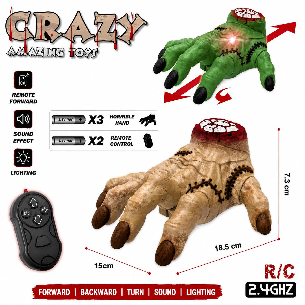 Halloween Remote Control Crawling Hand with Sound & Light, Red