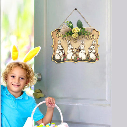 Happy Easter Wooden Hanging Sign – Bunny Door Decor with Floral Ribbon (30×21.5cm)