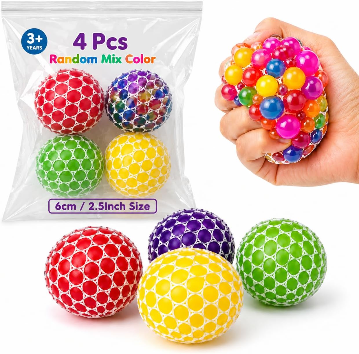 4 PCS Mesh Stress Balls Set – Colorful Squishy Fidget Sensory Toys for Kids & Adults (Random Colors)
